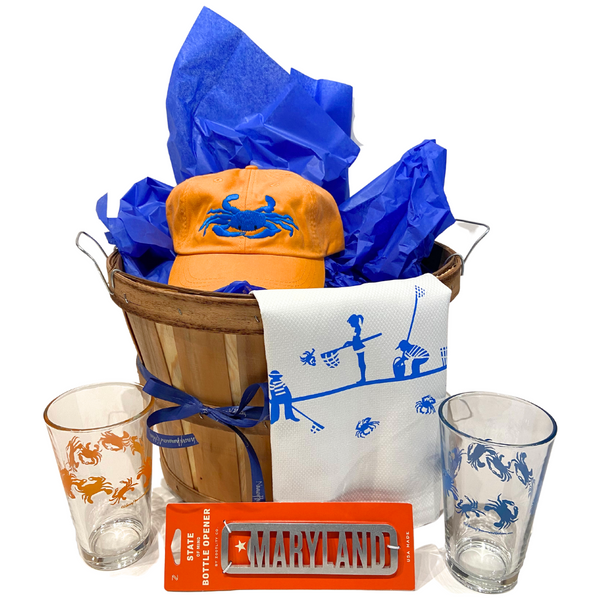 Crab Gift Basket - Pint Glasses: Orange/Orange / Children Crabbing: Blue /  Crab Hat: Navy